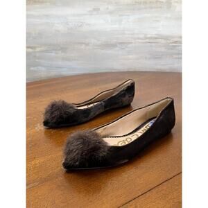 Sam Edelman RADDIE Ballet Flat Shoes Brown Velveteen Faux Fur Pom Pom Size 7.5